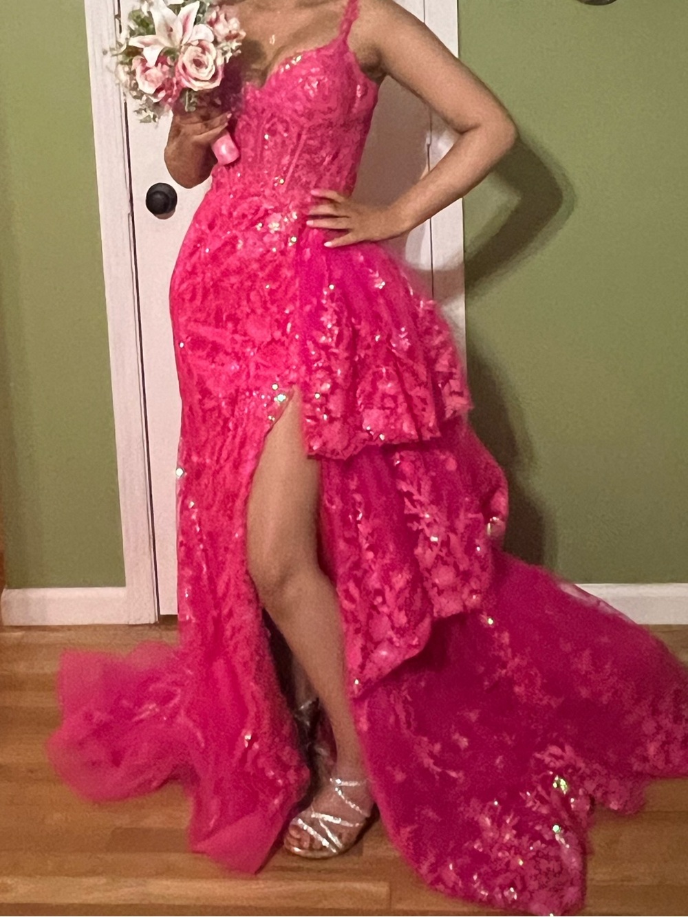 Sherri Hill Hot Pink Sequin High-Slit removable train prom dress - Picture 1 of 17